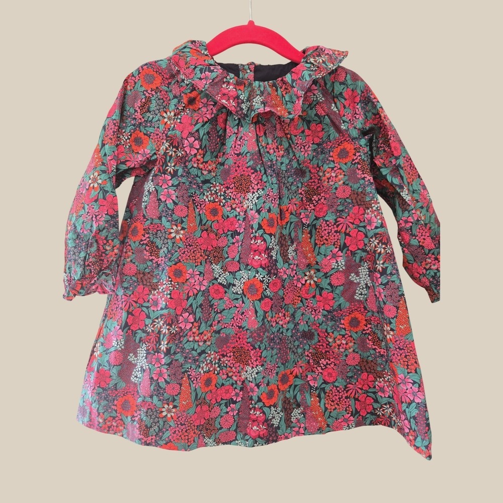 Jacadi Paris Girls Floral Ruffle Collar Dress Multicolor 24M 88cm Long Sleeve